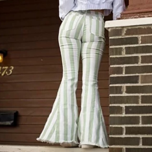 Green Striped Jeans | Flair Bell Bottom Pants | Vintage Style - Picture 1 of 3